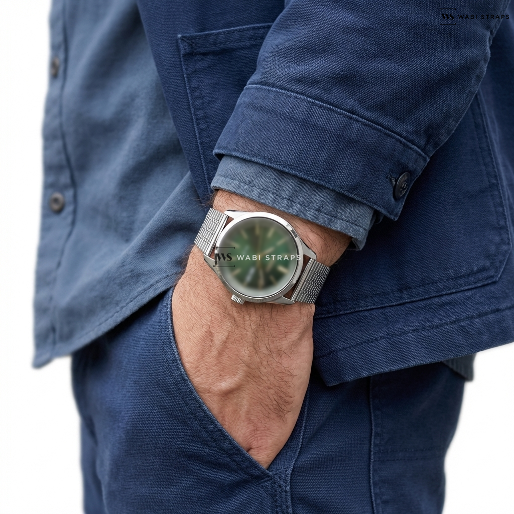 Silver Railroad Metal Watch Bracelet on Seiko Solar Watch with 40mm Stainless Steel Case and a Sapphire Crystal #SNE529