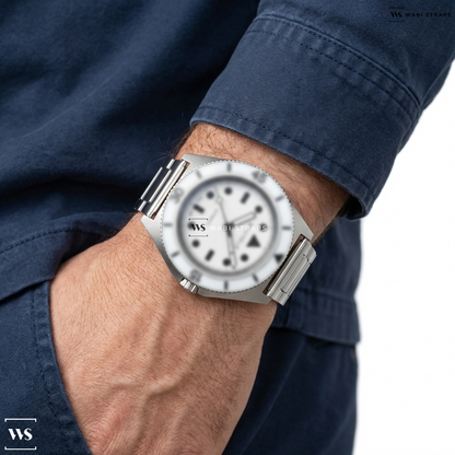 Silver/White H-Link Metal Watch Bracelet on Bausele Endless Sunrise | IVORY PEARL