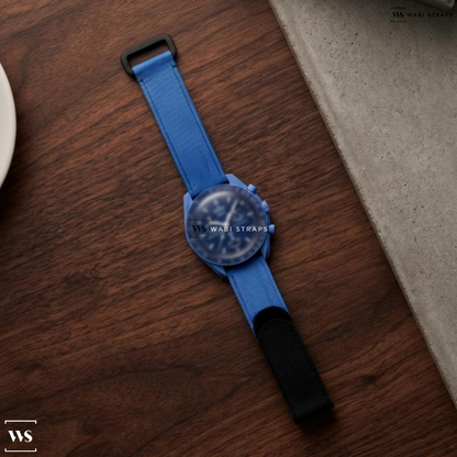 Black/Blue Hybrid Leather Watch Strap on MOONSWATCH MISSION TO NEPTUNE