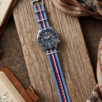 Blue/Red/White 5 Stripes Nylon Watch Strap on Citizen Promaster Diver Eco Drive