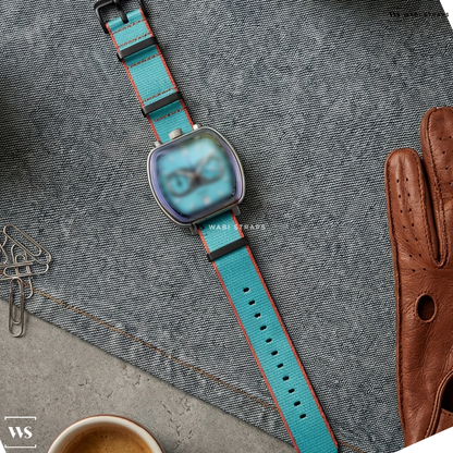 Blue/Red Trim Edge Nylon Watch Strap on Straton Watch Co. Cuffbuster Sprint Turquoise