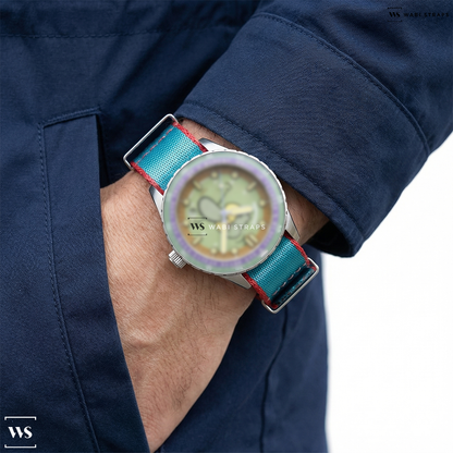 Blue/Red Trim Edge Nylon Watch Strap on Spongebob X Spinnaker Hass Automatic 25th Limited Edition