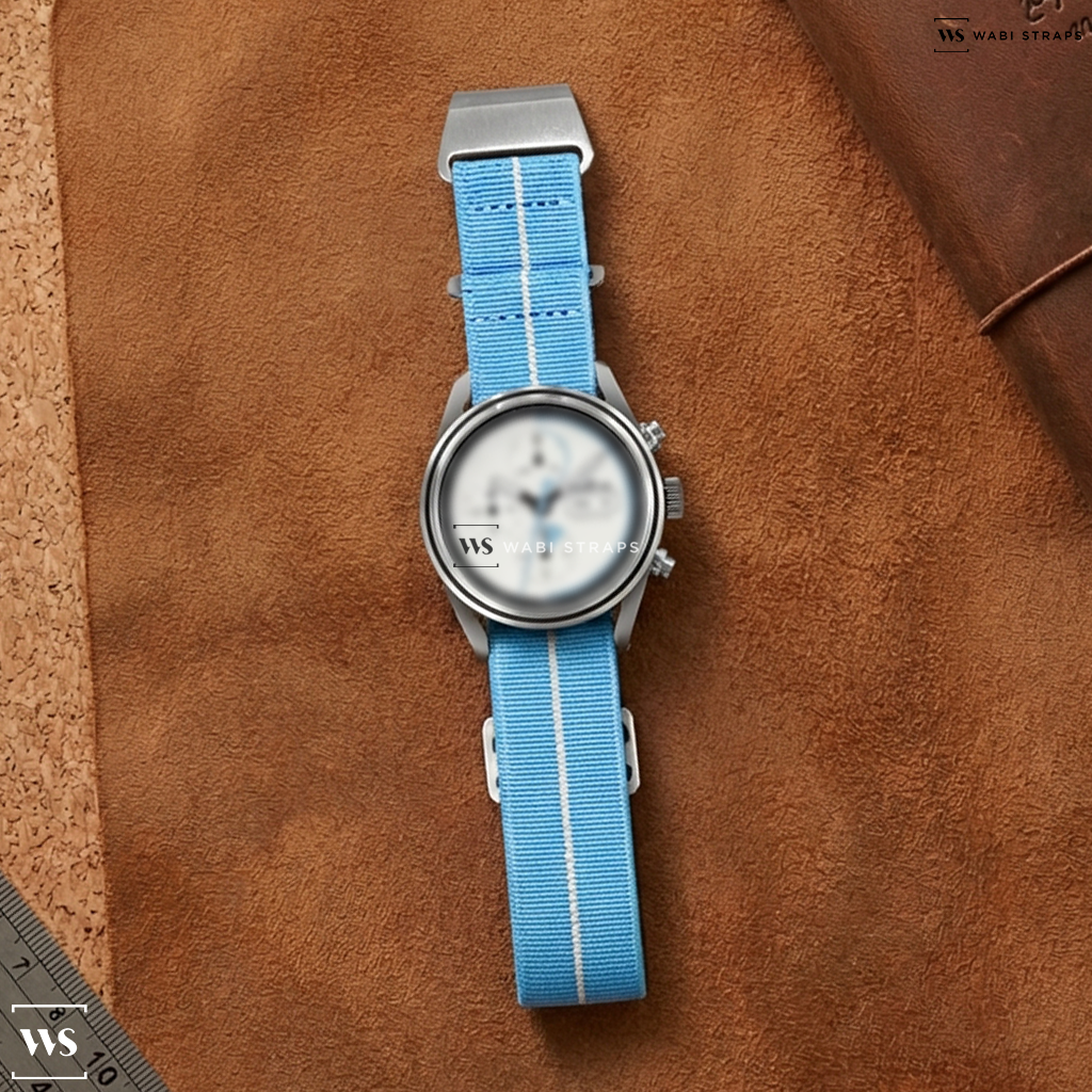 Blue/White 3-Stripe Nylon Watch Strap on Fortis Stratoliner