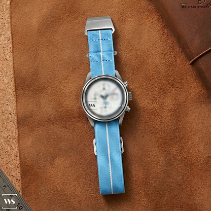 Blue/White 3-Stripe Nylon Watch Strap on Fortis Stratoliner