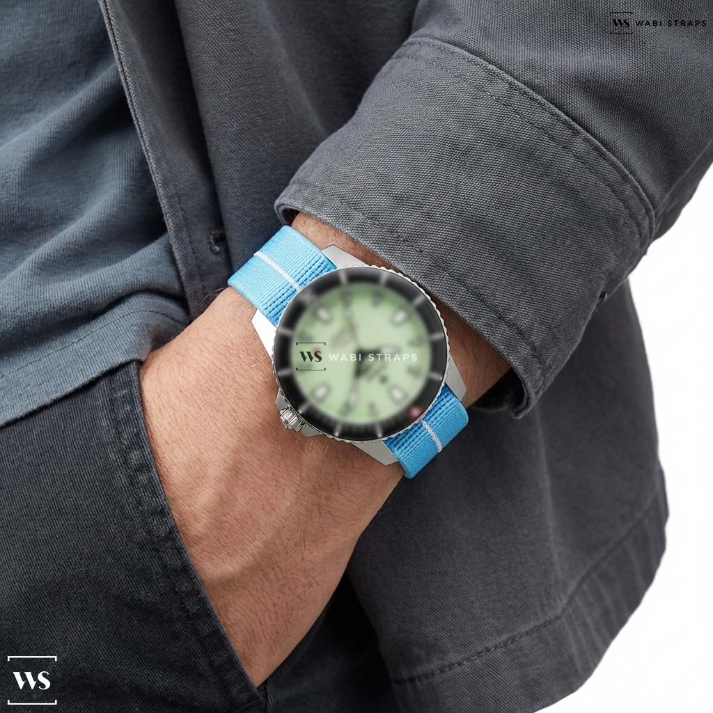 Blue/White 3-Stripe Nylon Watch Strap on Zodiac RedBar Super Sea Wolf Pro-Diver