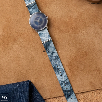 Grey/White Graphic Print Nylon Watch Strap on Junghans Meister Worldtimer