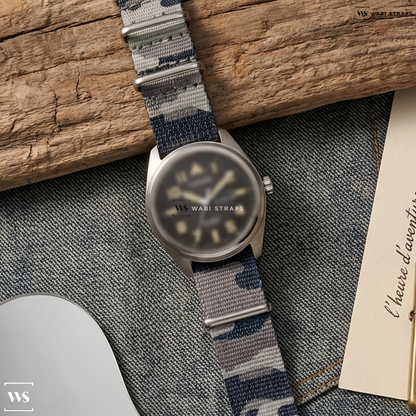 Grey/White Tactical Camouflage Nylon Watch Strap on MYON Paris Chronograph Blue Subdial Vintage