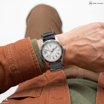 Grey/White Tactical Camouflage Nylon Watch Strap on Lemania Monopusher Vintage RAF Chronograph