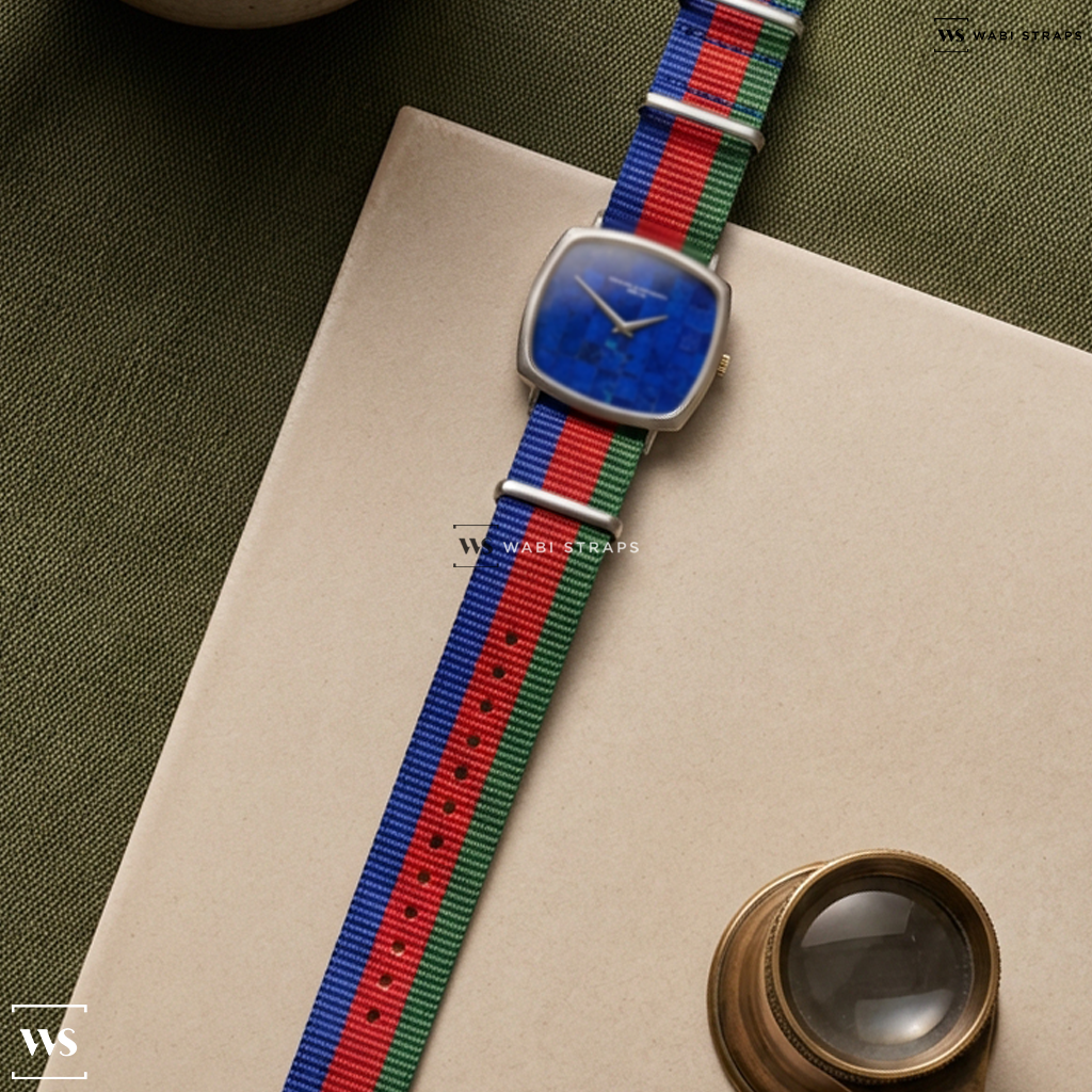 Blue/Green/Red 3 Stripes Nylon Watch Strap on Vacheron Constantin 18K White Gold Lapis Lazuli Dial Vintage