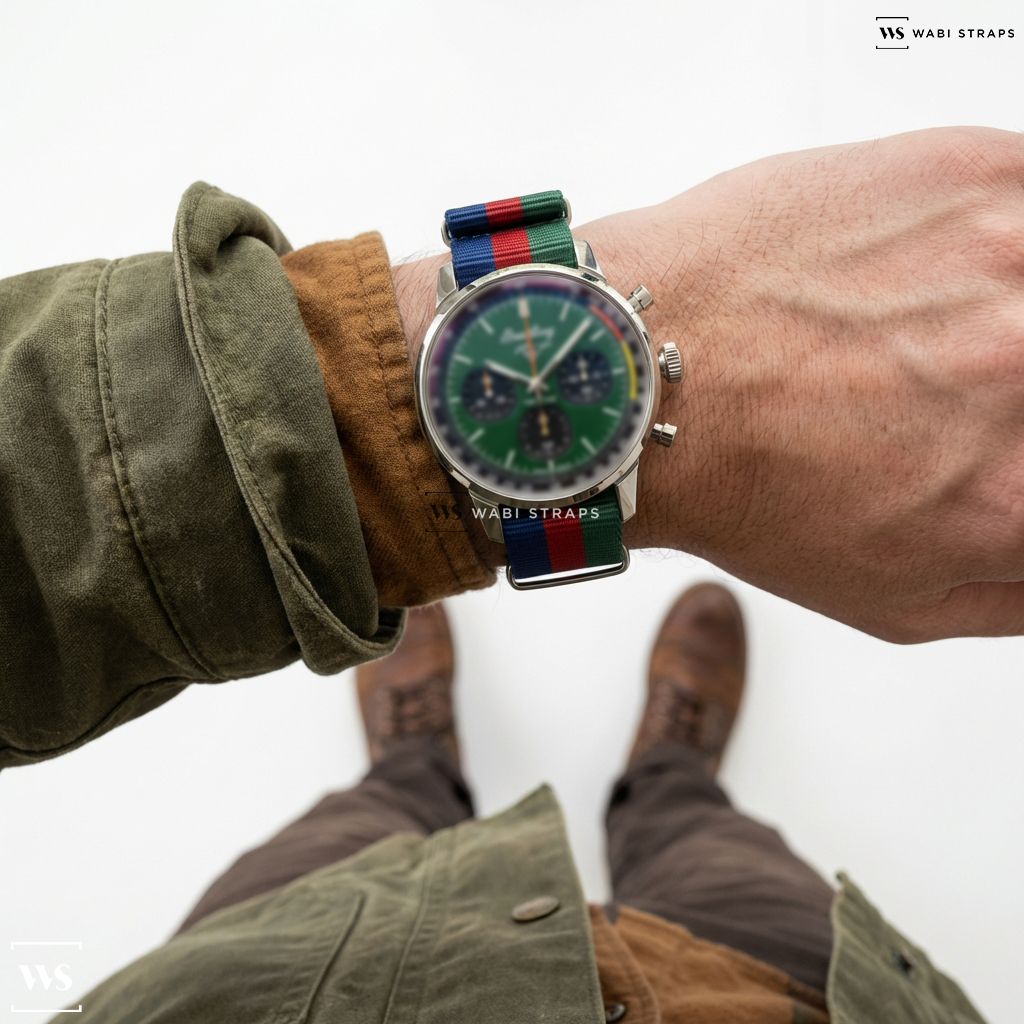 Blue/Green/Red 3 Stripes Nylon Watch Strap on Breitling Top Time Ford Mustang - A253101A1L1X1