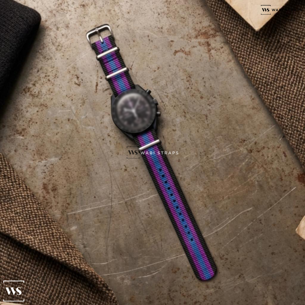 Black/Blue/Purple 5 Stripes Nylon Watch Strap on Omega Speedmaster Dark Side of The Moon