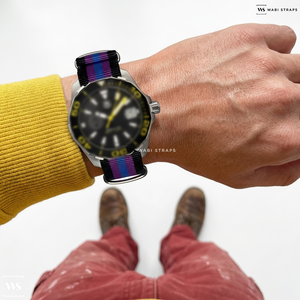 Black/Blue/Purple 5 Stripes Nylon Watch Strap on TAG Heuer Aquaracer Jeremy Lin