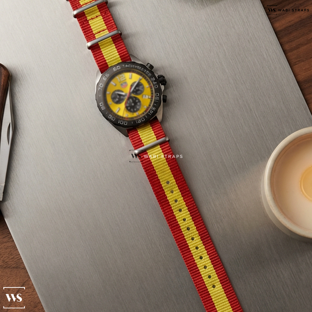 Red/Yellow 3 Stripes Nylon Watch Strap on Tag Heuer Formula 1 Quartz Yellow Dial