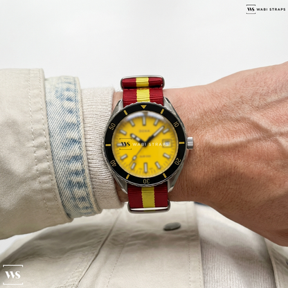 Red/Yellow 3 Stripes Nylon Watch Strap on Doxa SUB 200 Analog Yellow Dial Men's Watch-799.10.361.10