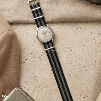 Black/Grey 5 Stripes Nylon Watch Strap on Omega Constellation Vintage Pie Pan Dial