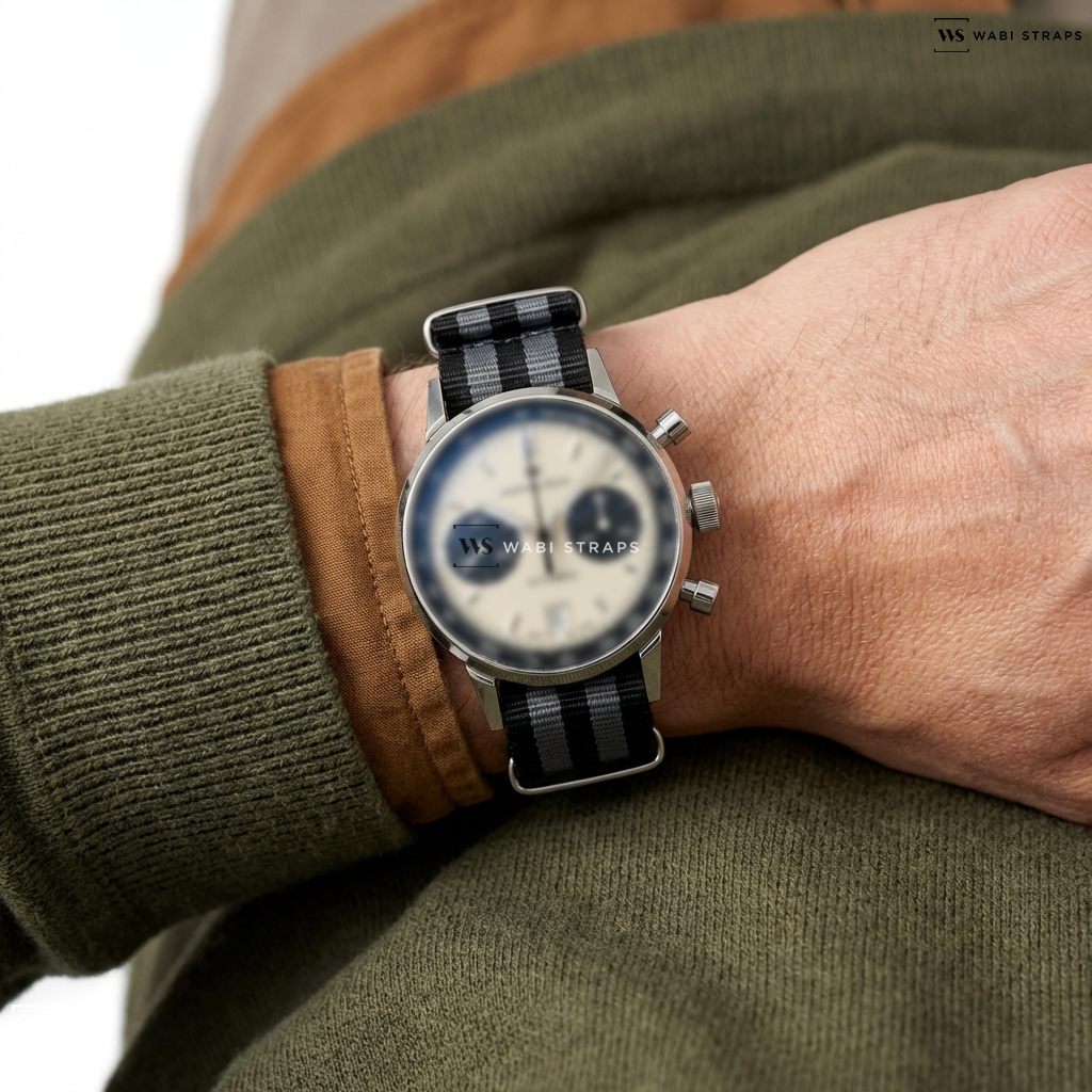 Black/Grey 5 Stripes Nylon Watch Strap on Hamilton Intramatic Automatic Chronograph Panda