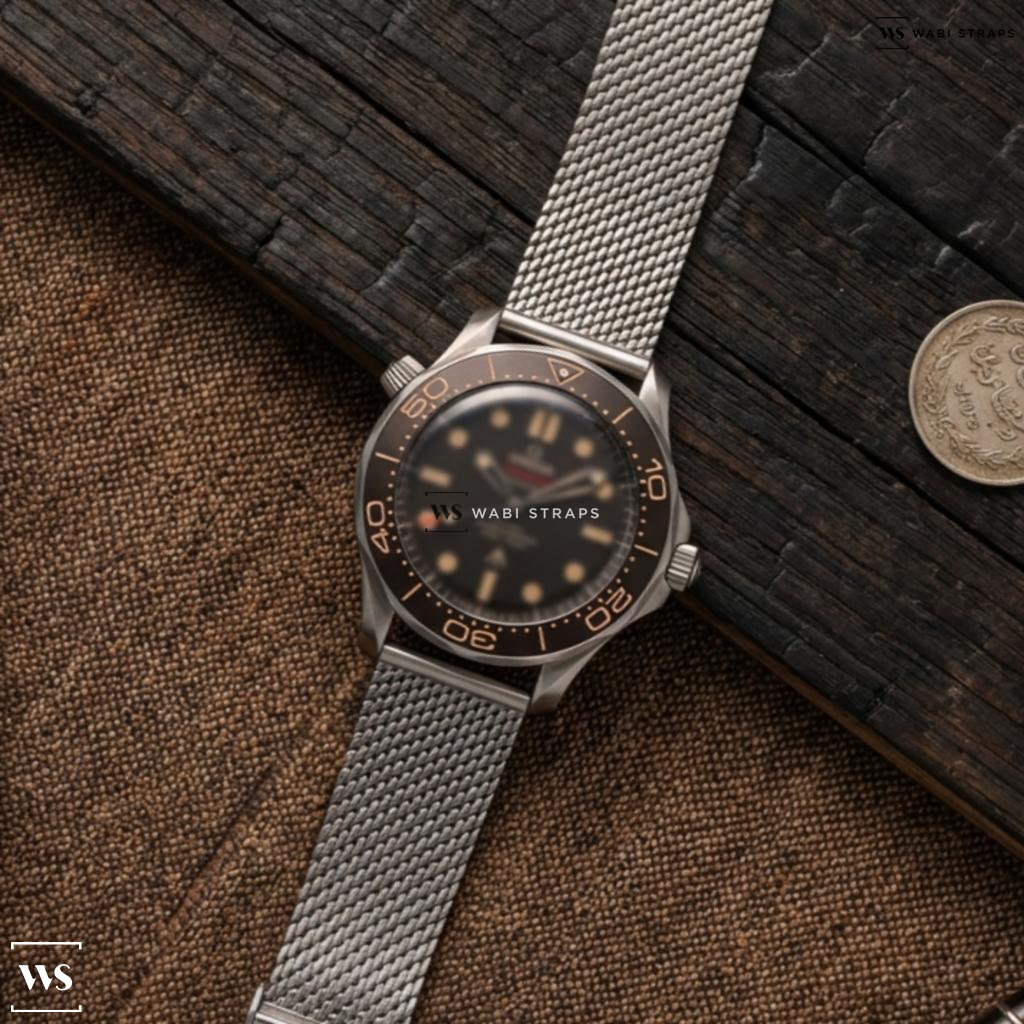 Silver Thin Metal Link Steel Watch Bracelet on Omega Seamaster Co-Axial Dive Watch