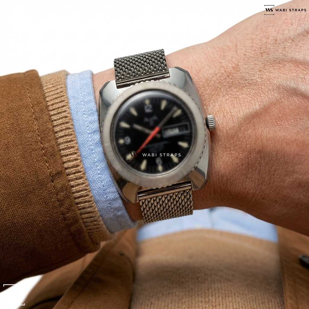 Silver Thin Metal Link Steel Watch Bracelet on Alsta 17 Superautomatic Incabloc