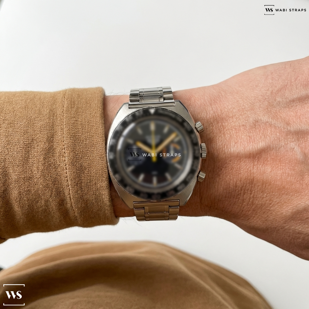 Silver Matte/Polished Steel Watch Bracelet on Heuer Autavia Orange Boy