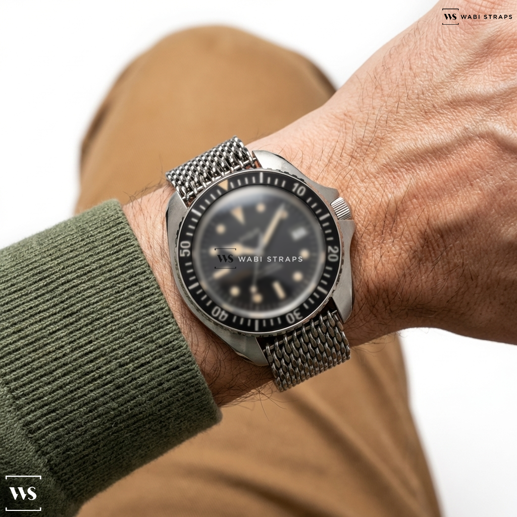 Silver Thick Metal Link Steel Watch Bracelet on Zenith Automatic Gold Rotating Bezel
