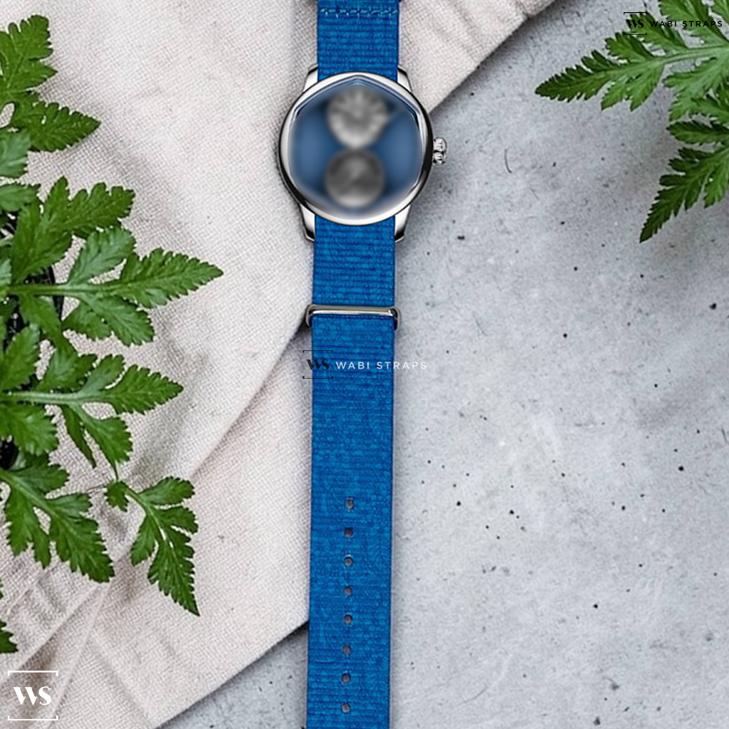 Blue Graphic Print Nylon Watch Strap on Le Regulateur Louis Erard x Cedric Johner