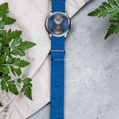 Blue Graphic Print Nylon Watch Strap on Le Regulateur Louis Erard x Cedric Johner