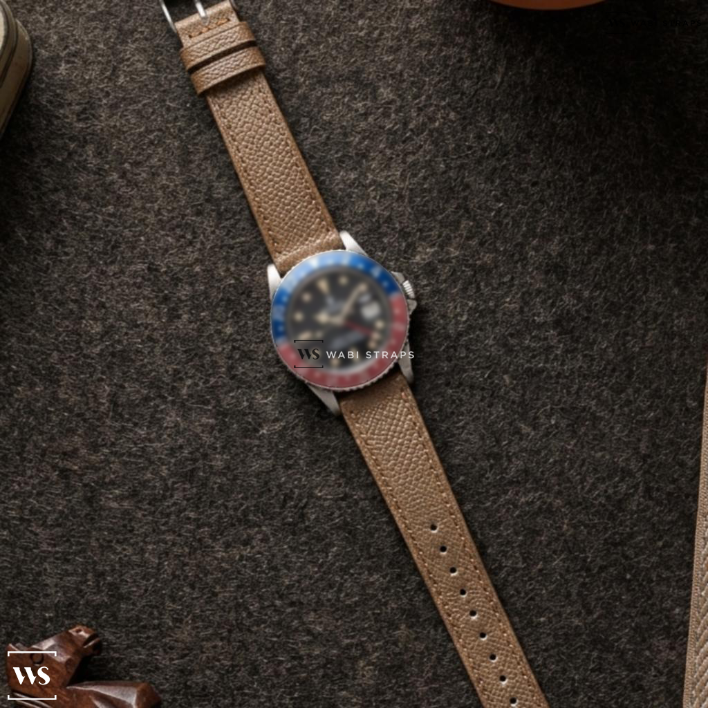 Grey Pebbled Leather Watch Strap on Rolex GMT Master