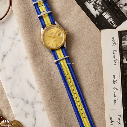 Blue/Yellow 3 Stripes Nylon Watch Strap on Tudor Oyster Prince Day-Date Two Tone