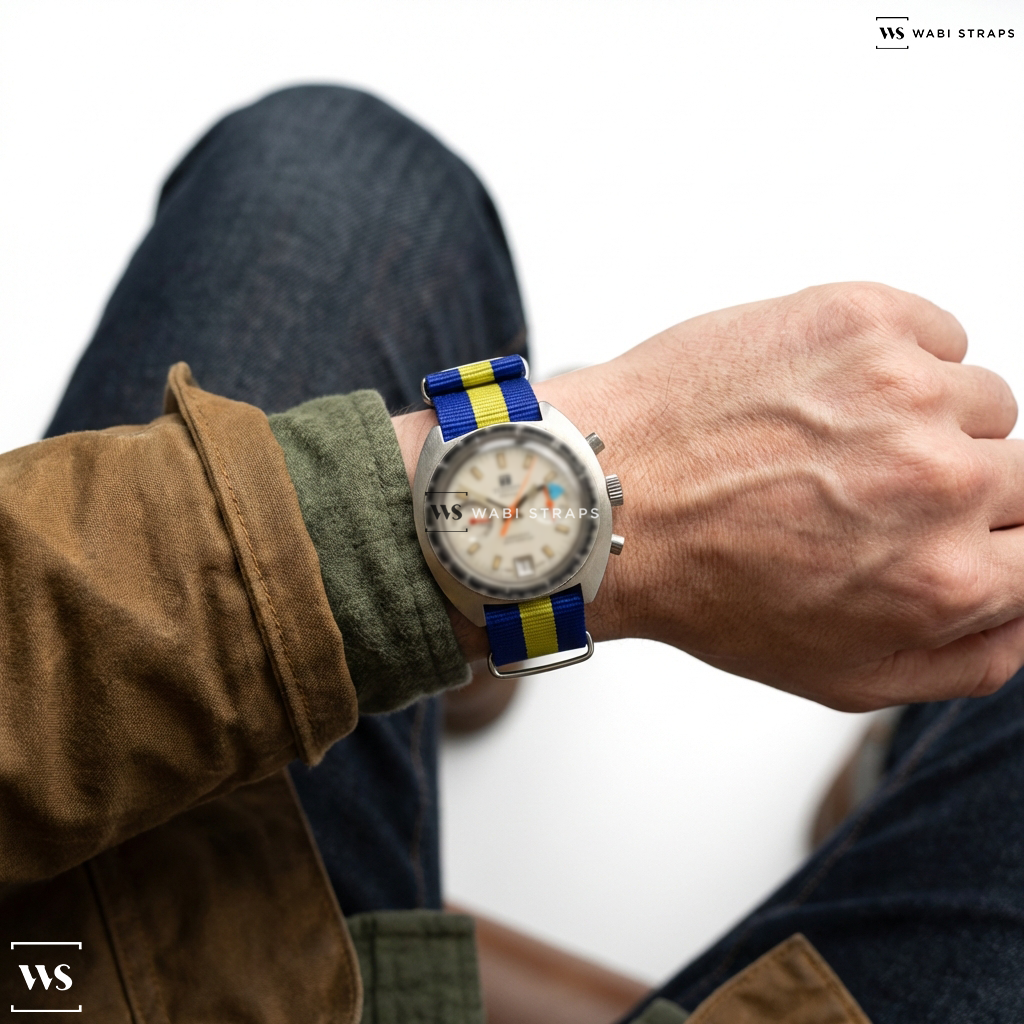 Blue/Yellow 3 Stripes Nylon Watch Strap on Tissot Seastar Navigator Chronograph