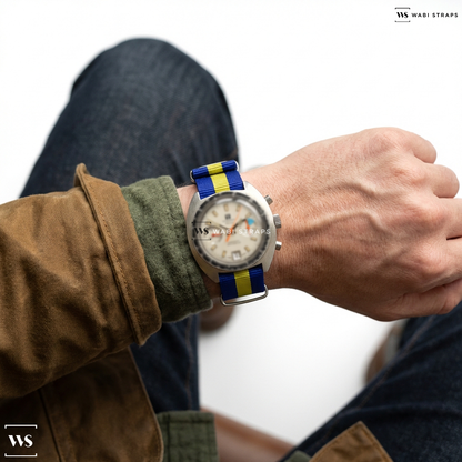 Blue/Yellow 3 Stripes Nylon Watch Strap on Tissot Seastar Navigator Chronograph