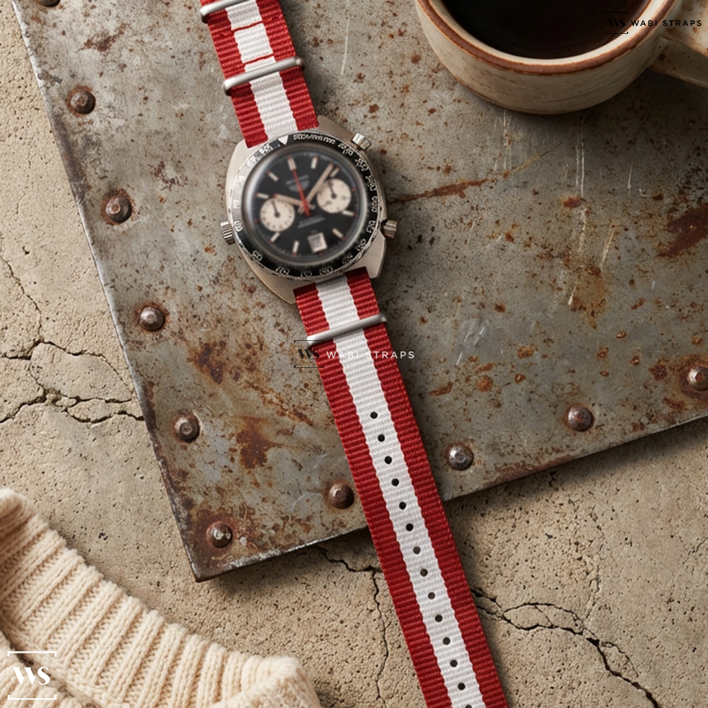 Red/White 3 Stripes Nylon Watch Strap on Heuer Autavia Viceroy Chronograph 1163V