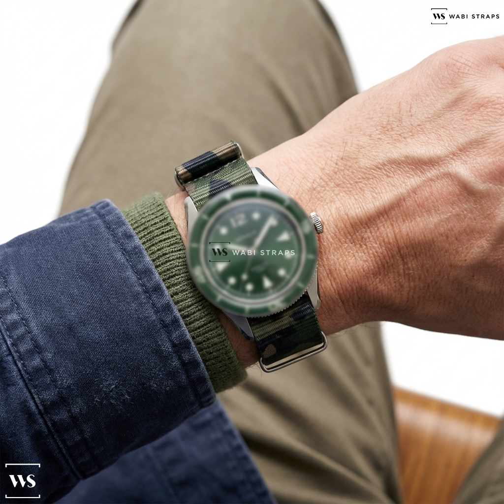 Black/Brown/Green Camouflage Nylon Watch Strap on Méraud Bonaire "Moss Green"