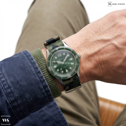 Black/Brown/Green Camouflage Nylon Watch Strap on Méraud Bonaire "Moss Green"
