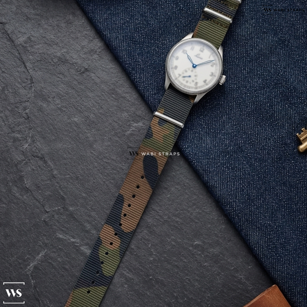 Black/Brown/Green Camouflage Nylon Watch Strap on Laco Bremerhaven / Cuxhaven 39
