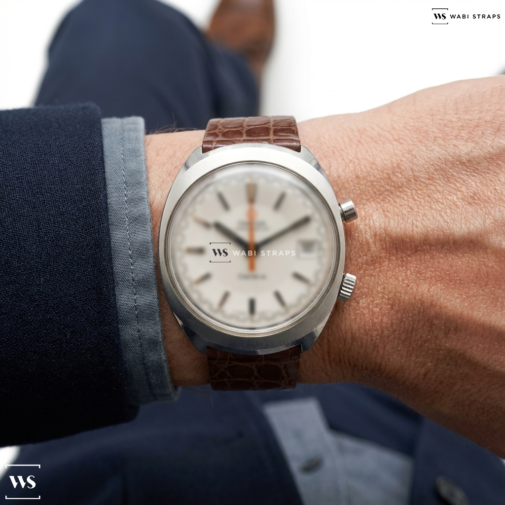 Tan Alligator Grain Leather Watch Strap on Omega Chronostop