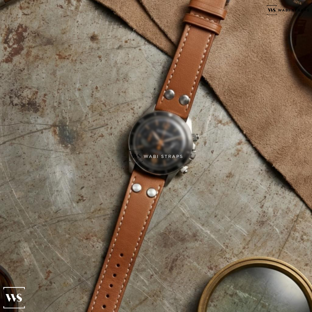 Tan Riveted Leather Watch Strap on Bell & Ross Vintage BR V2-94 Steel Heritage Men's Watch