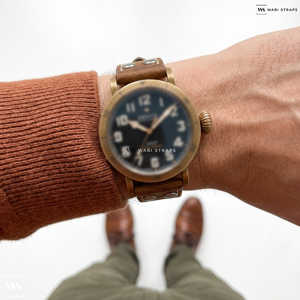 Tan Riveted Leather Watch Strap on Pilot Type 20 Chronograph Ton-up Grey Steel/Leather 45mm
