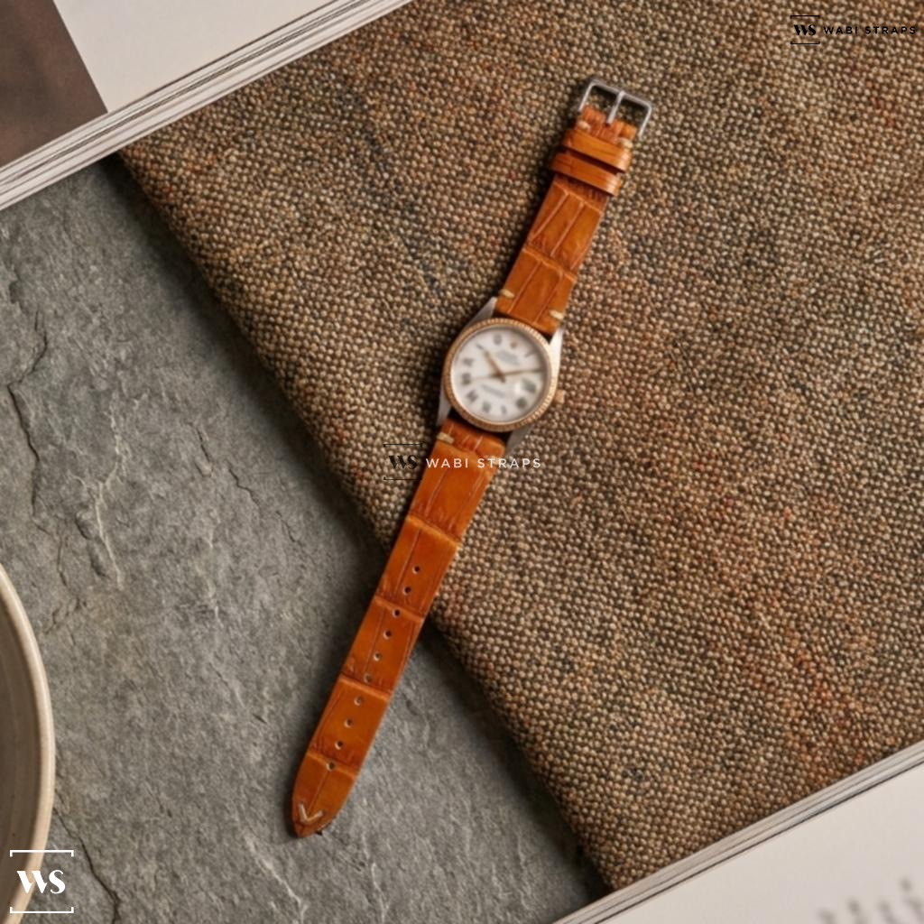 Tan Embossed Leather Watch Strap on Rolex Datejust Buckle White Two Tone