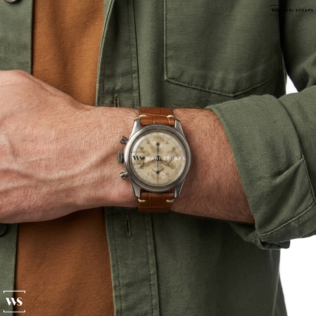 Tan Embossed Leather Watch Strap on Universal Geneve Aerocompax
