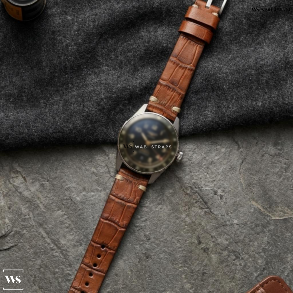 Tan Crocodile Grain Leather Watch Strap on Longines Spirit Automatic Grey Dial Stainless Steel Men's Watch
