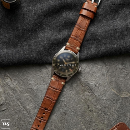 Tan Crocodile Grain Leather Watch Strap on Longines Spirit Automatic Grey Dial Stainless Steel Men's Watch
