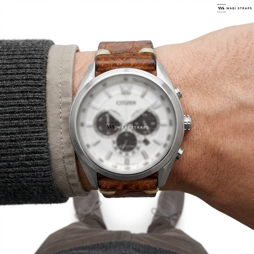 Tan Crocodile Grain Leather Watch Strap on Citizen Eco-Drive Eco-Drive Silver Dial Titanium Men's Watch