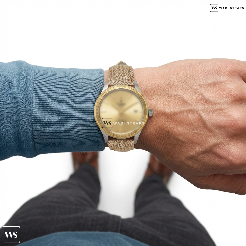 Tan Denim Leather Watch Strap on Tudor Automatic Champagne Dial Stainless Steel Men's Watch