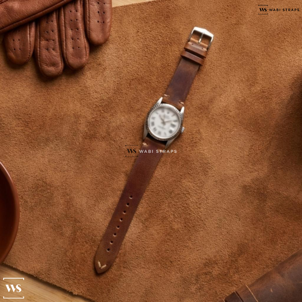 Tan Aged Rustic Leather Watch Strap on Rolex Datejust 1603 White Buckley