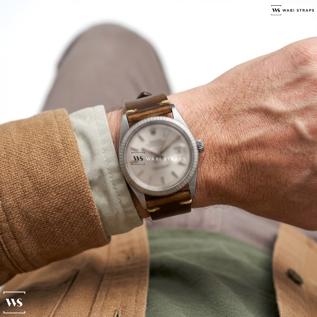 Tan Aged Rustic Leather Watch Strap on Rolex Datejust Silver Dial