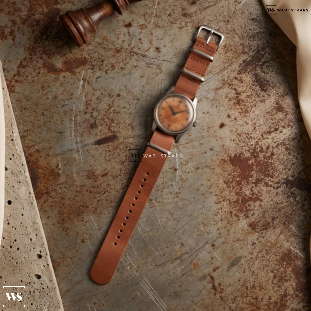Tan Smooth Matte Pu Leather Watch Strap on Omega Patina Seamaster Tropical Dial