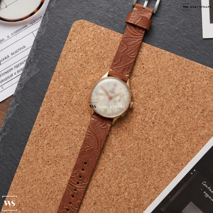 Tan Floral Print Leather Watch Strap on Angelus Chronodato