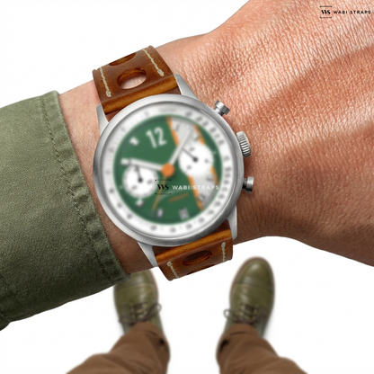 Tan Perforated Leather Watch Strap on Ferrowatches Race Master Chronograph GREEN