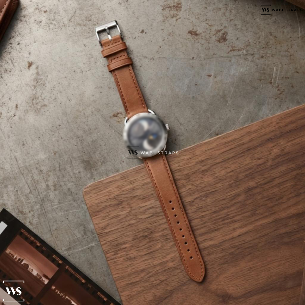 Tan Smooth Leather Watch Strap on hermes Arceau L'heure de la Lune 18k WG