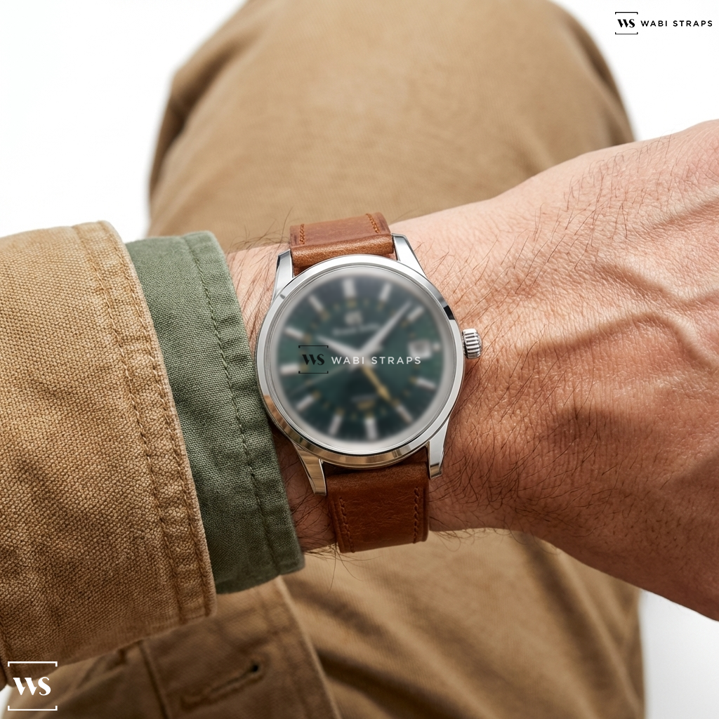 Tan Smooth Leather Watch Strap on Grand Seiko Grand Seiko Automatic GMT GREEN Dial 2022